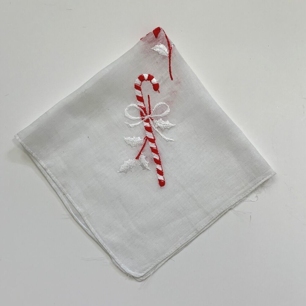 Vtg Embroidered Candy Cane Handkerchief Holiday Cottagecore Christmas Novelty